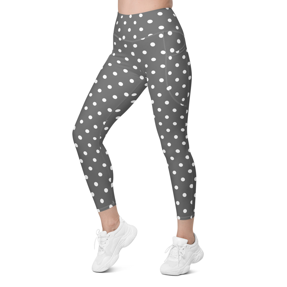 Women’s Gray Polka Dot Yoga Leggings With Pockets – High-Waisted, Soft Compression Active Pants
