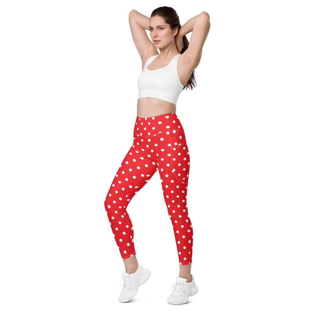 Women’s Red Polka Dot Yoga Leggings With Pockets – High-Waisted, Soft Compression Active Pants