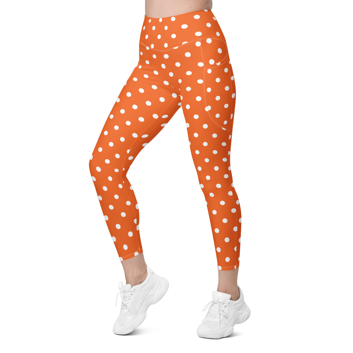 Women’s Orange Polka Dot Yoga Leggings With Pockets – High-Waisted, Soft Compression Active Pants