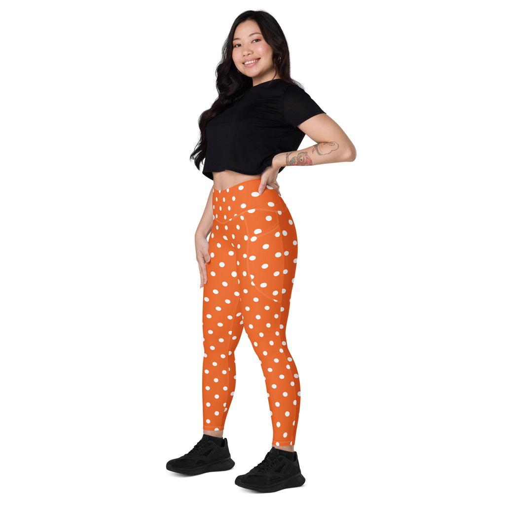 Women’s Orange Polka Dot Yoga Leggings With Pockets – High-Waisted, Soft Compression Active Pants