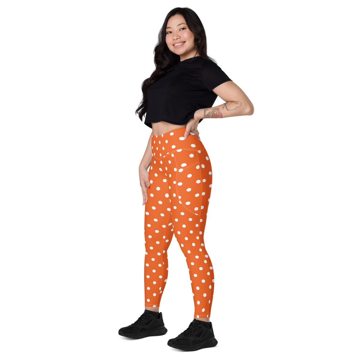 Women’s Orange Polka Dot Yoga Leggings With Pockets – High-Waisted, Soft Compression Active Pants