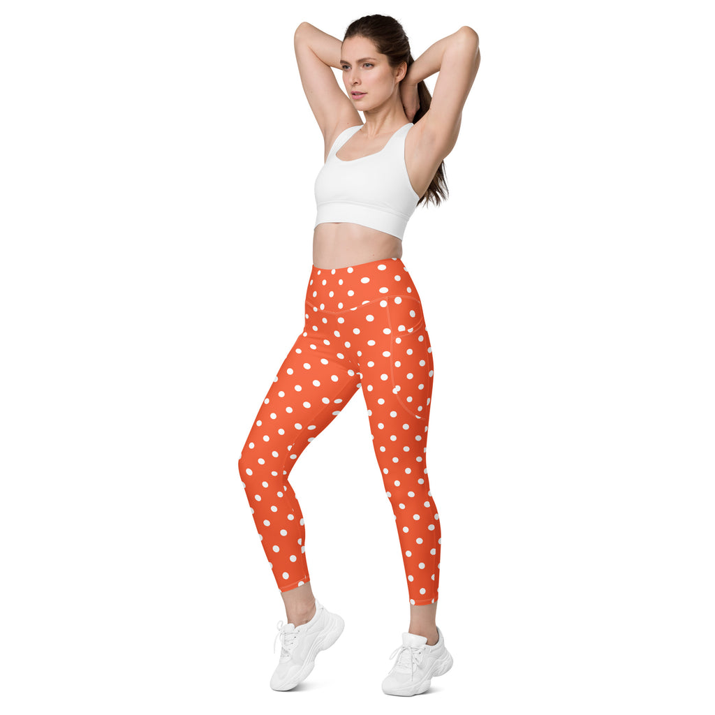 Women’s Bright Orange Polka Dot Yoga Leggings With Pockets – High-Waisted, Soft Compression Active Pants