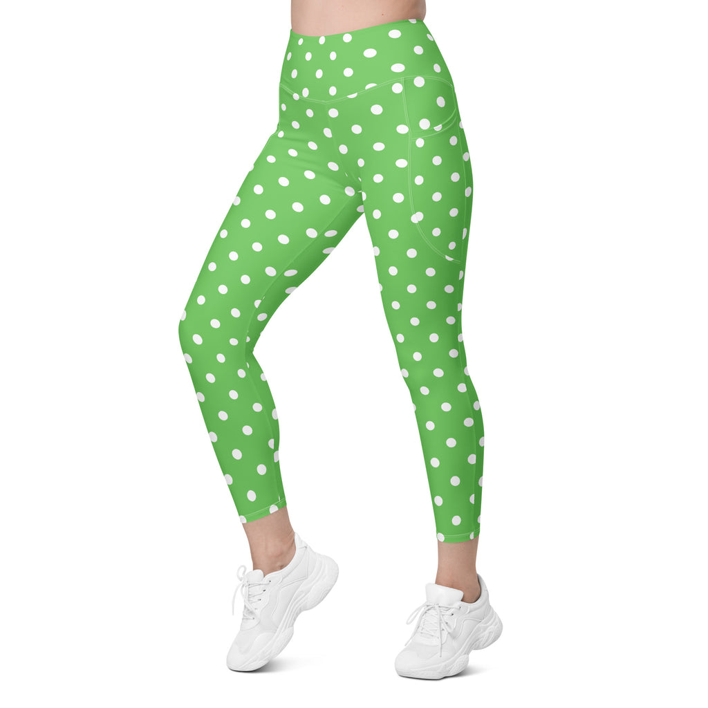 Women’s Green Polka Dot Yoga Leggings With Pockets – High-Waisted, Soft Compression Active Pants