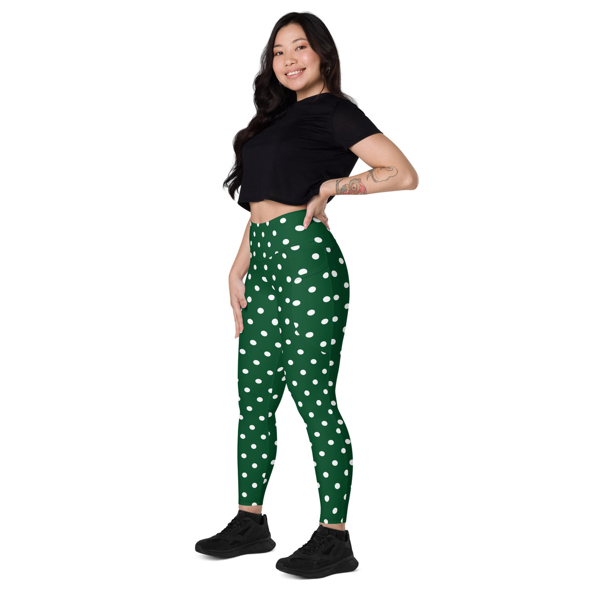 Women’s Forest Green Polka Dot Yoga Leggings With Pockets – High-Waisted, Soft Compression Active Pants
