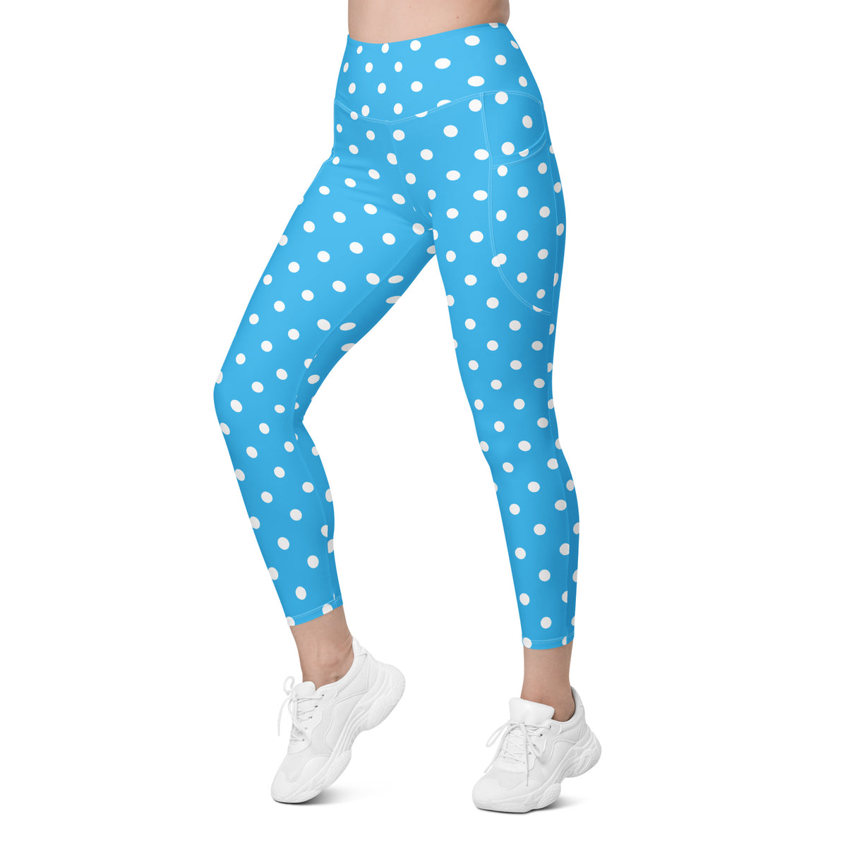 Women’s Sky Blue Polka Dot Yoga Leggings With Pockets – High-Waisted, Soft Compression Active Pants