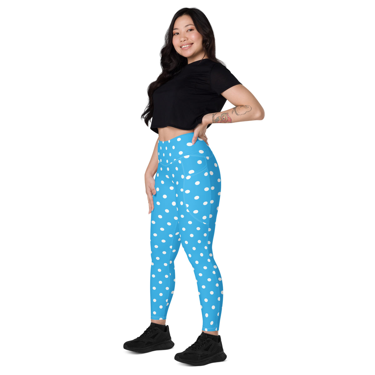 Women’s Sky Blue Polka Dot Yoga Leggings With Pockets – High-Waisted, Soft Compression Active Pants