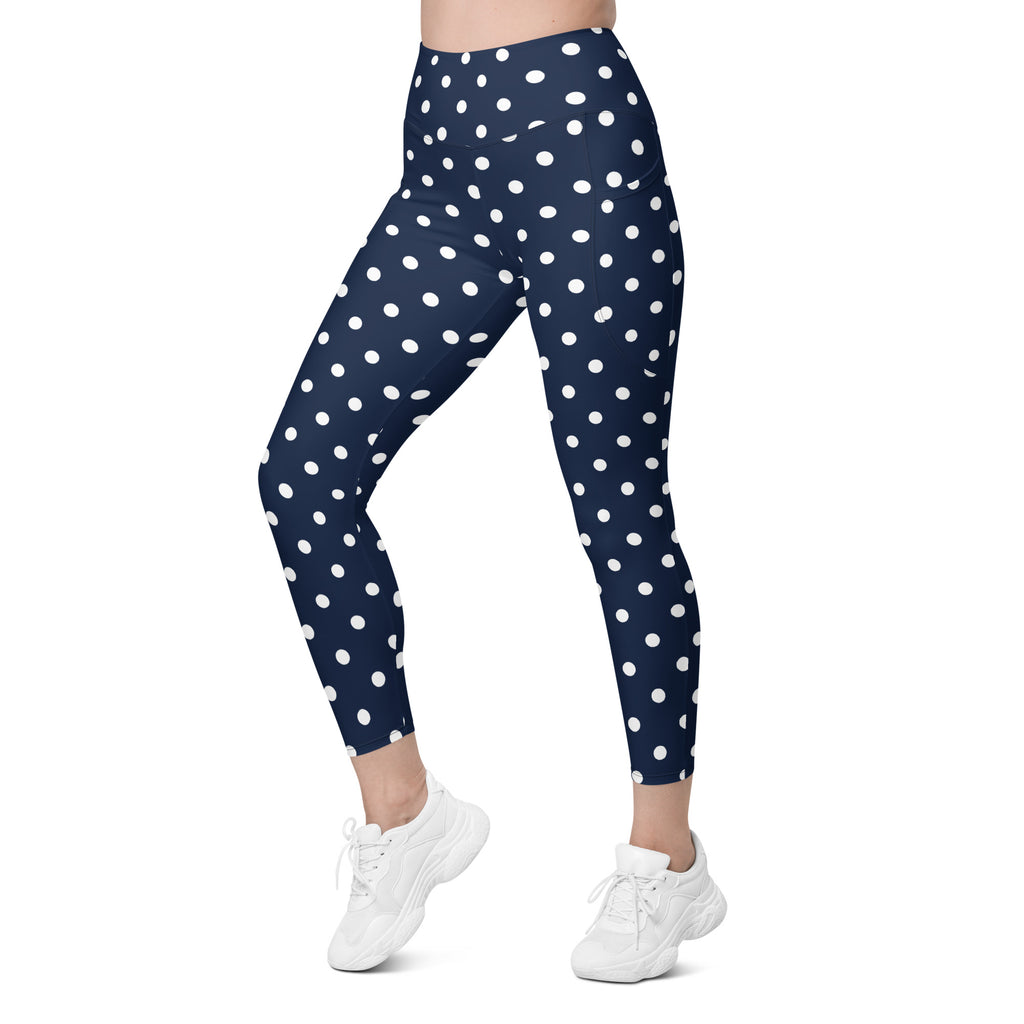 Women’s Navy Blue Polka Dot Yoga Leggings With Pockets – High-Waisted, Soft Compression Active Pants