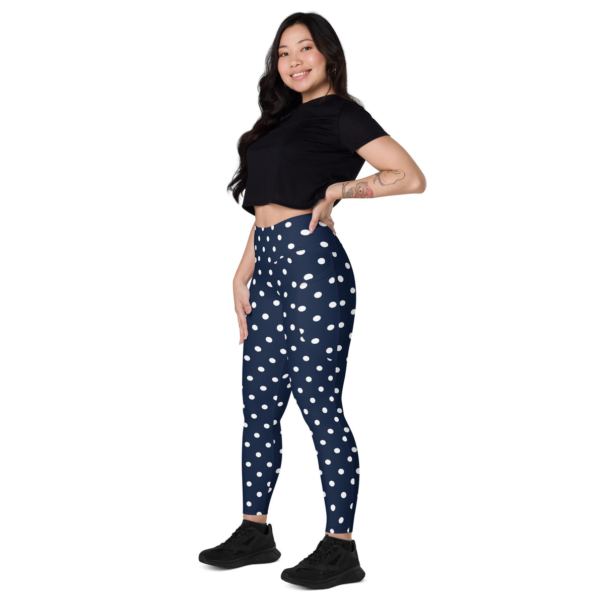 Women’s Navy Blue Polka Dot Yoga Leggings With Pockets – High-Waisted, Soft Compression Active Pants