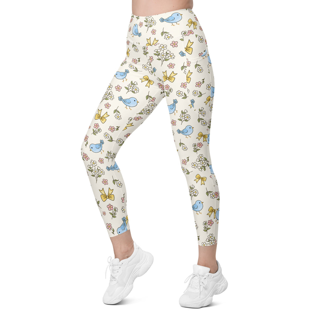 Women’s Floral Blue Bird Yoga Leggings With Pockets – High-Waisted, Soft Compression Active Pants