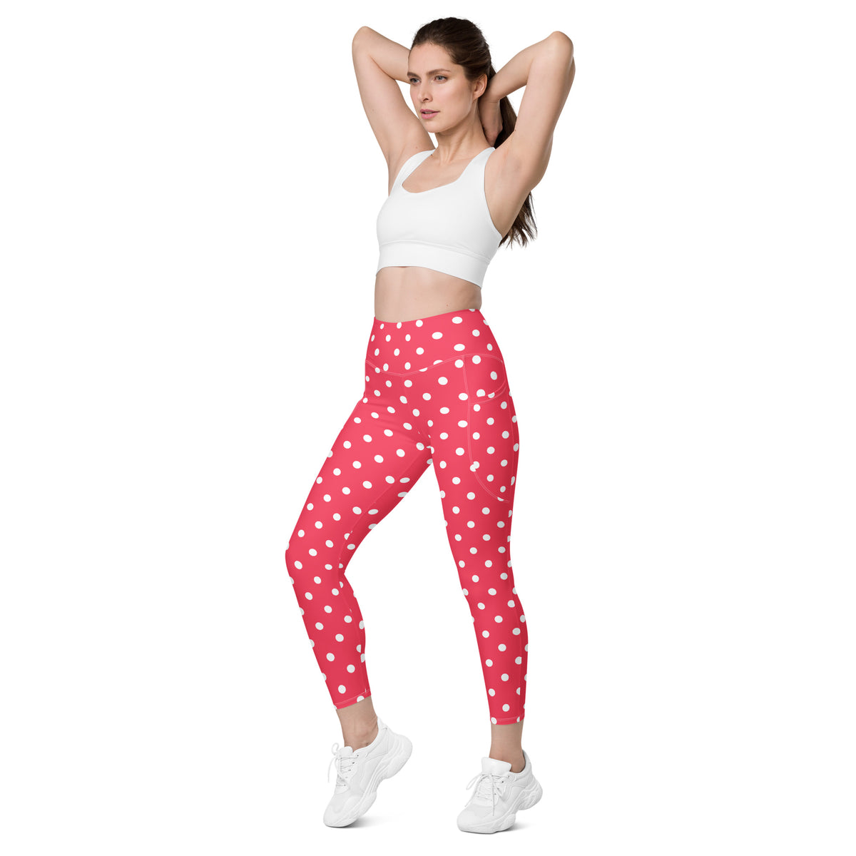 Women’s Bright Pink Polka Dot Yoga Leggings With Pockets – High-Waisted, Soft Compression Active Pants