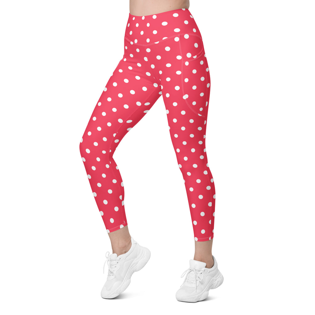 Women’s Bright Pink Polka Dot Yoga Leggings With Pockets – High-Waisted, Soft Compression Active Pants