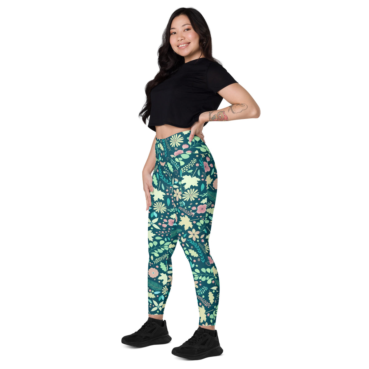 Women’s Green Fall Floral Yoga Leggings With Pockets – High-Waisted, Soft Compression Active Pants
