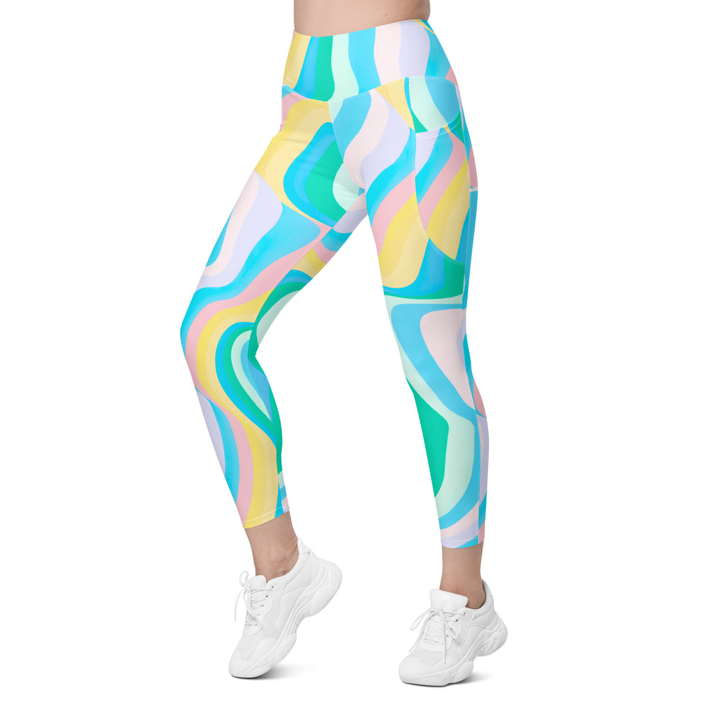 Women’s Pastel Rainbow Wave Yoga Leggings With Pockets – High-Waisted, Soft Compression Active Pants