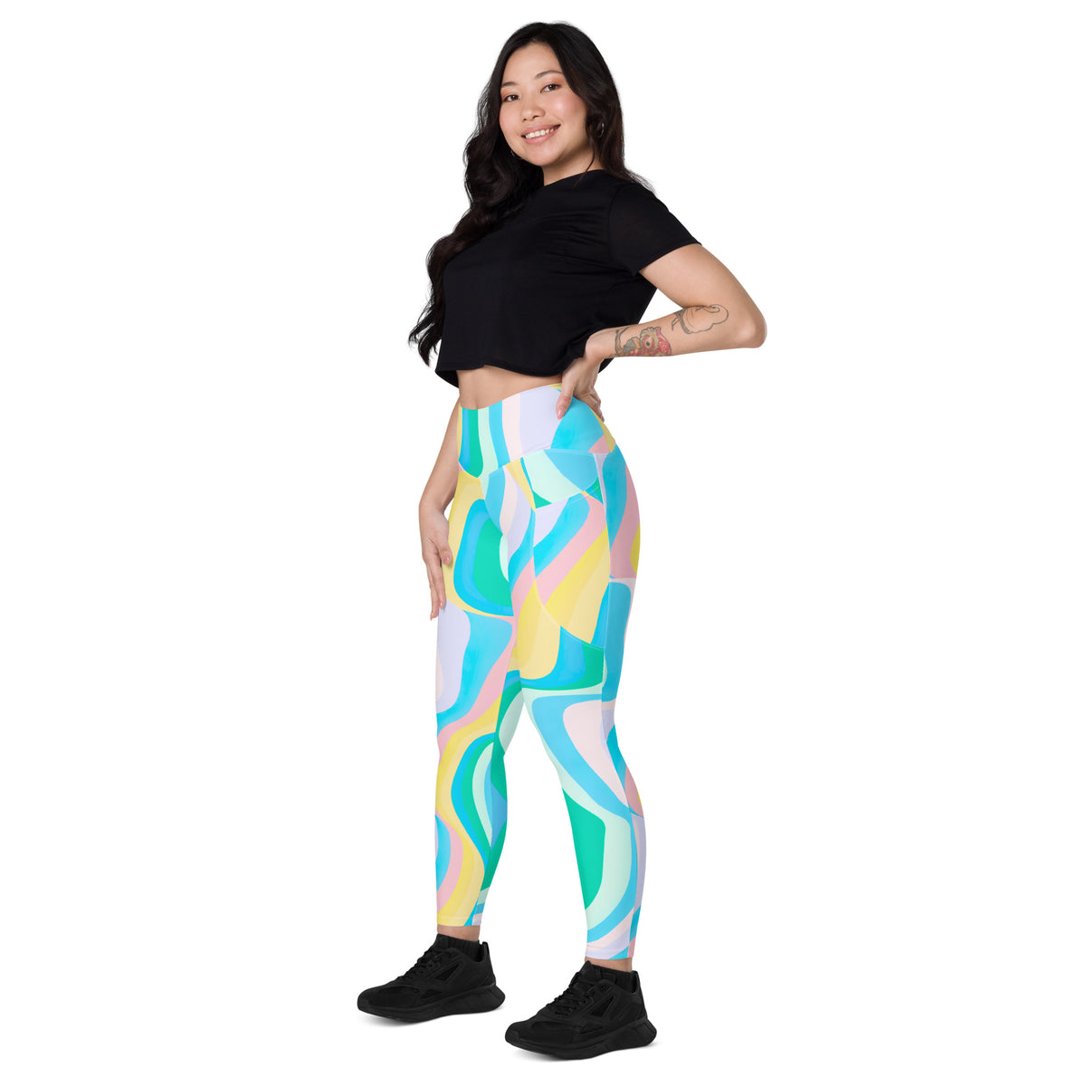 Women’s Pastel Rainbow Wave Yoga Leggings With Pockets – High-Waisted, Soft Compression Active Pants