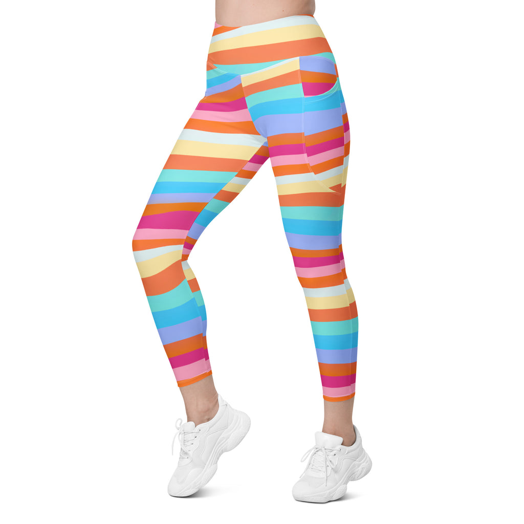 Women’s Colorful Striped Waves Yoga Leggings With Pockets – High-Waisted, Soft Compression Active Pants