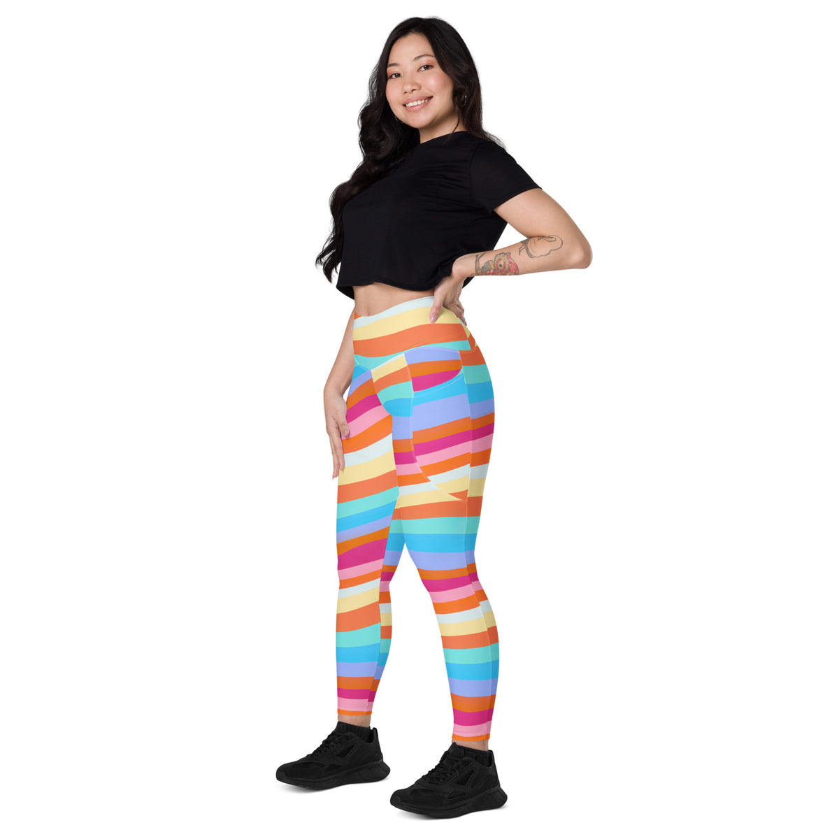Women’s Colorful Striped Waves Yoga Leggings With Pockets – High-Waisted, Soft Compression Active Pants