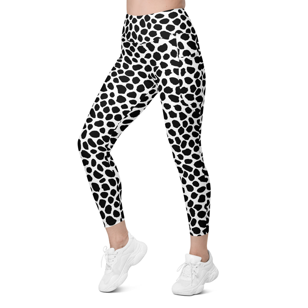 Women’s Black & White Cow Print Yoga Leggings With Pockets – High-Waisted, Soft Compression Active Pants