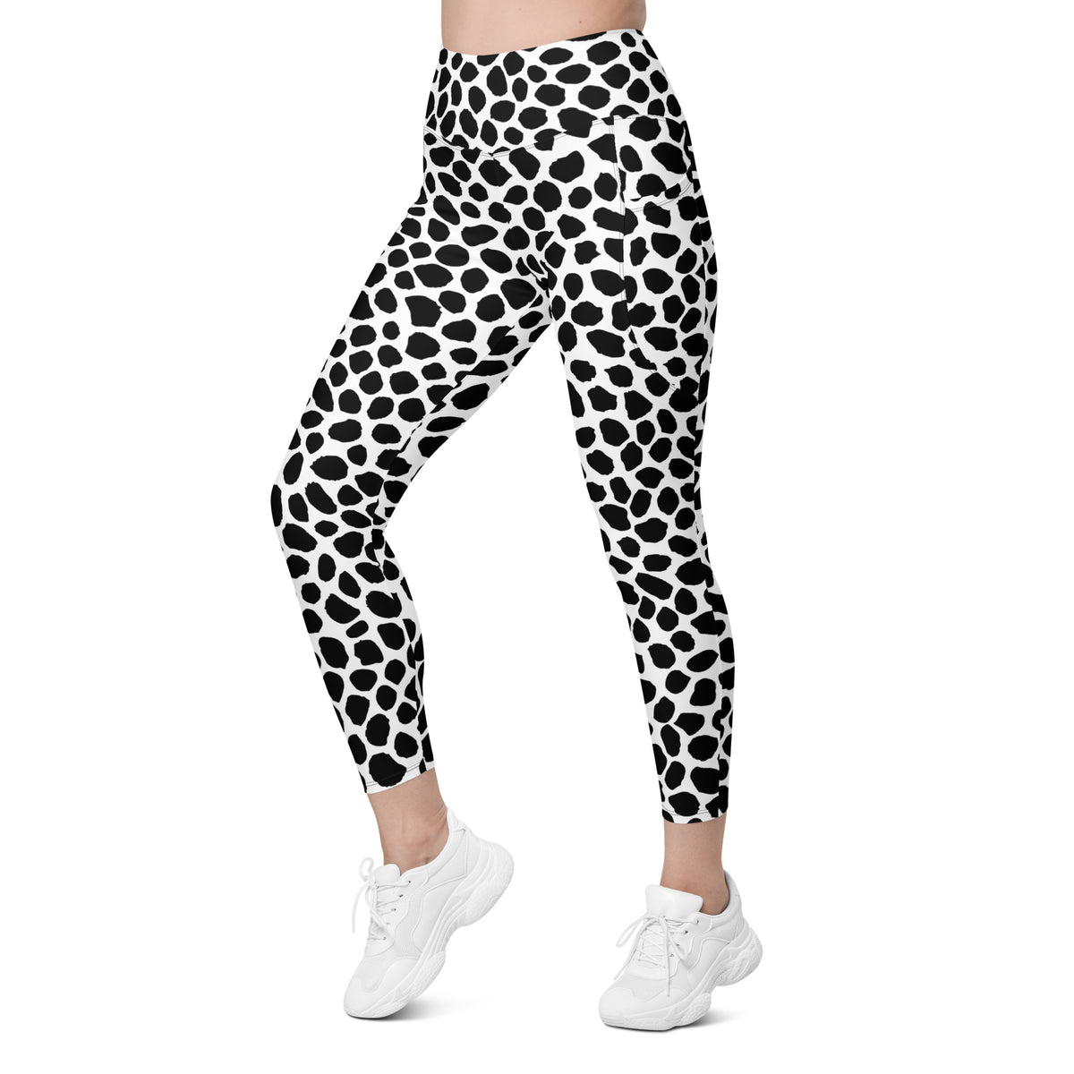 Women’s Black & White Cow Print Yoga Leggings With Pockets – High-Waisted, Soft Compression Active Pants