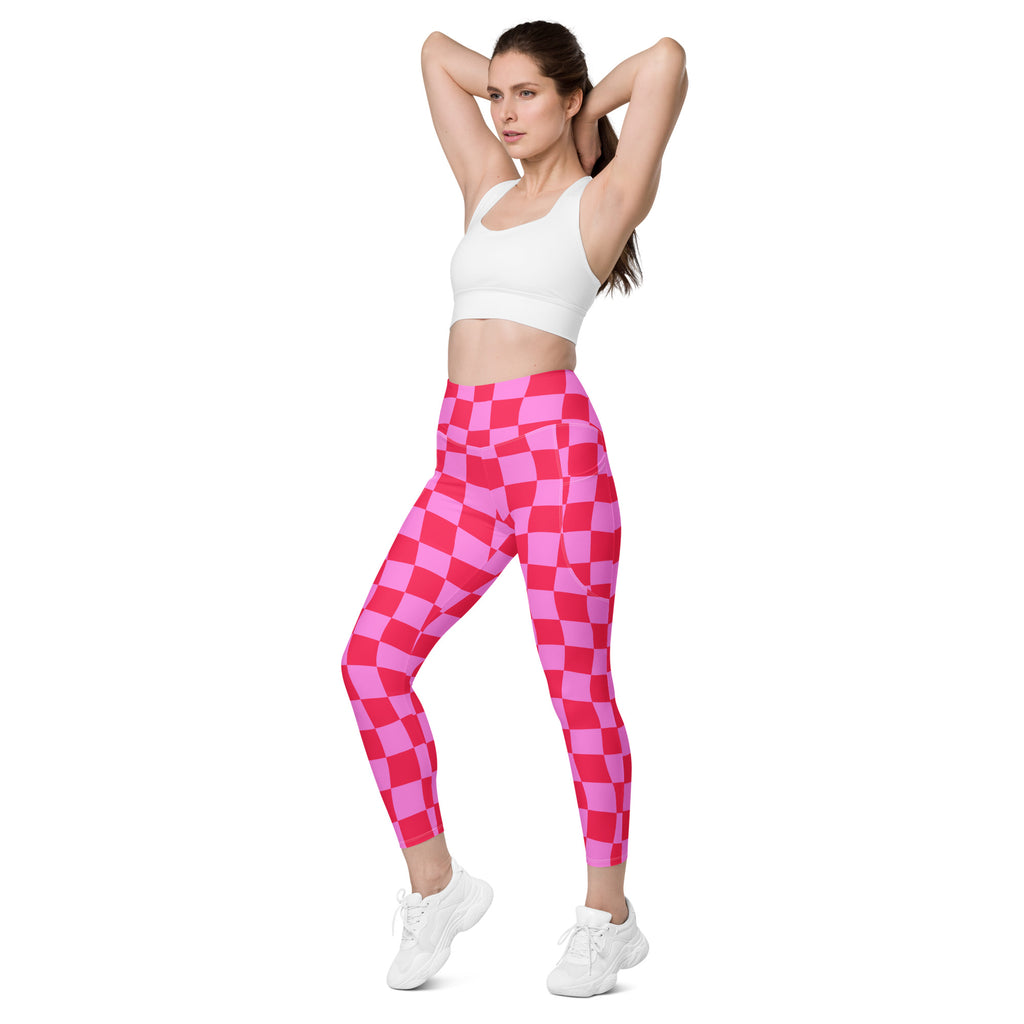 Women’s Pink Checkered Yoga Leggings With Pockets – High-Waisted, Soft Compression Active Pants