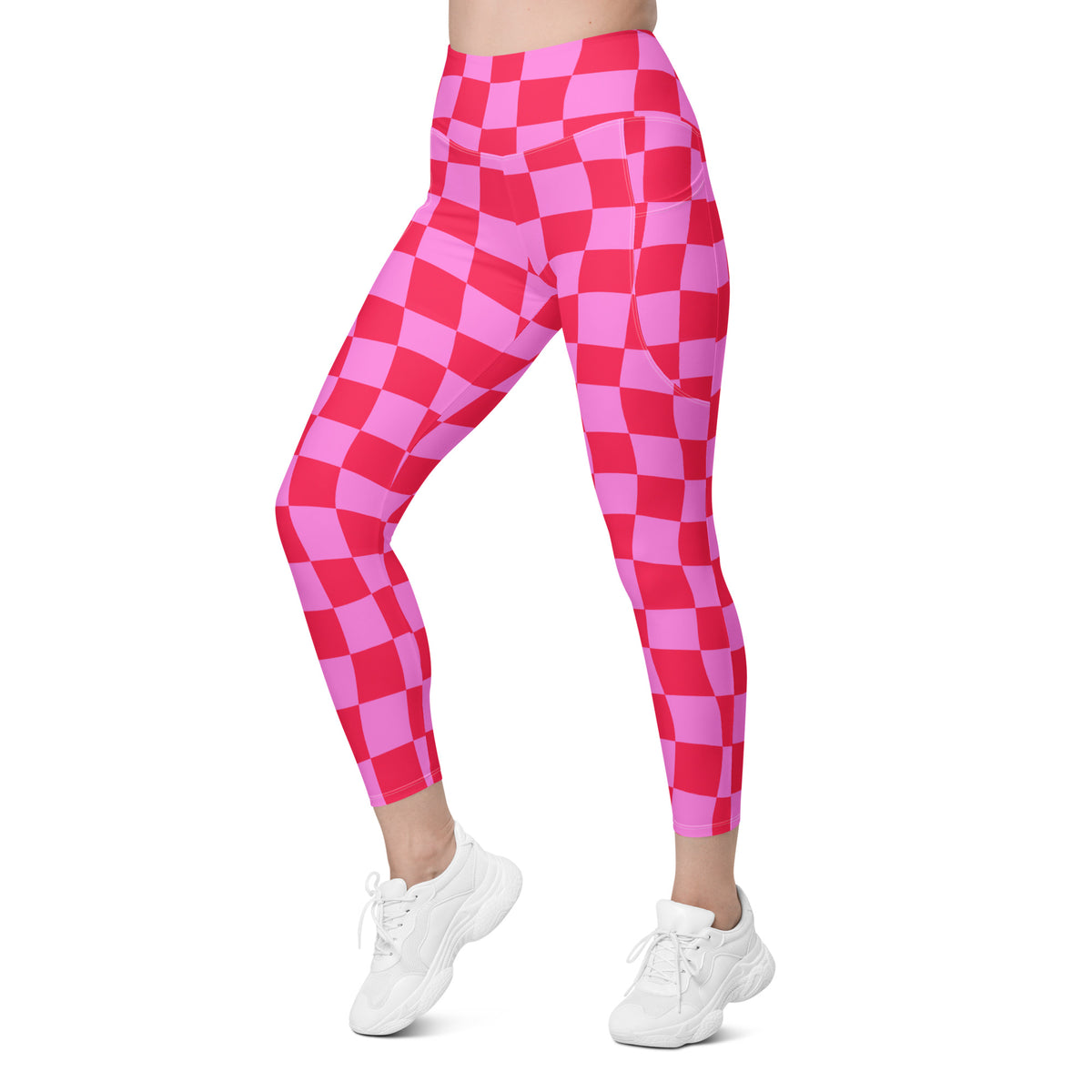 Women’s Pink Checkered Yoga Leggings With Pockets – High-Waisted, Soft Compression Active Pants