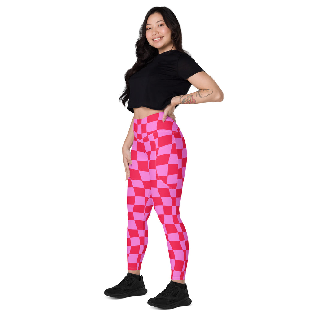 Women’s Pink Checkered Yoga Leggings With Pockets – High-Waisted, Soft Compression Active Pants