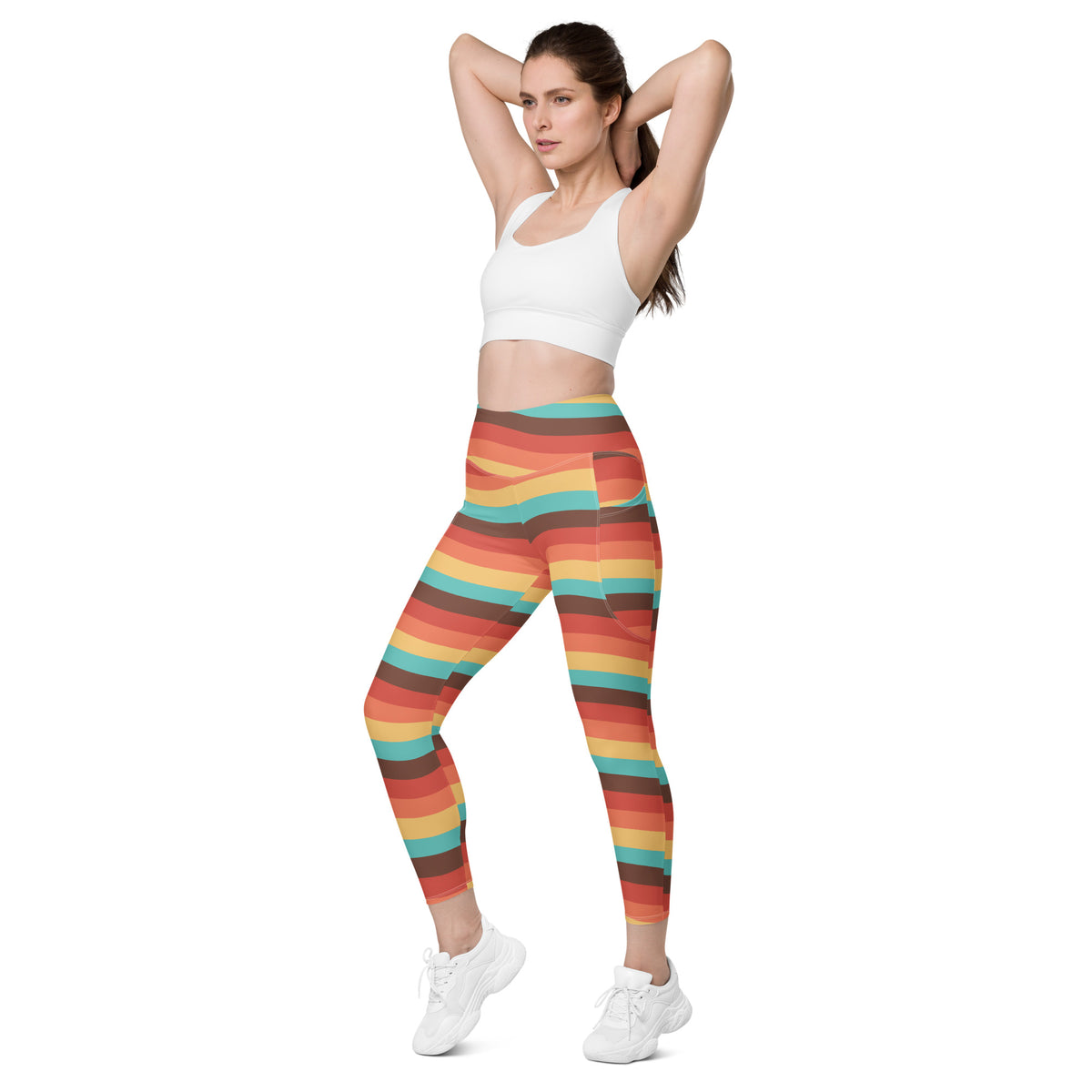 Women’s Retro Rainbow Stripe Yoga Leggings With Pockets – High-Waisted, Soft Compression Active Pants
