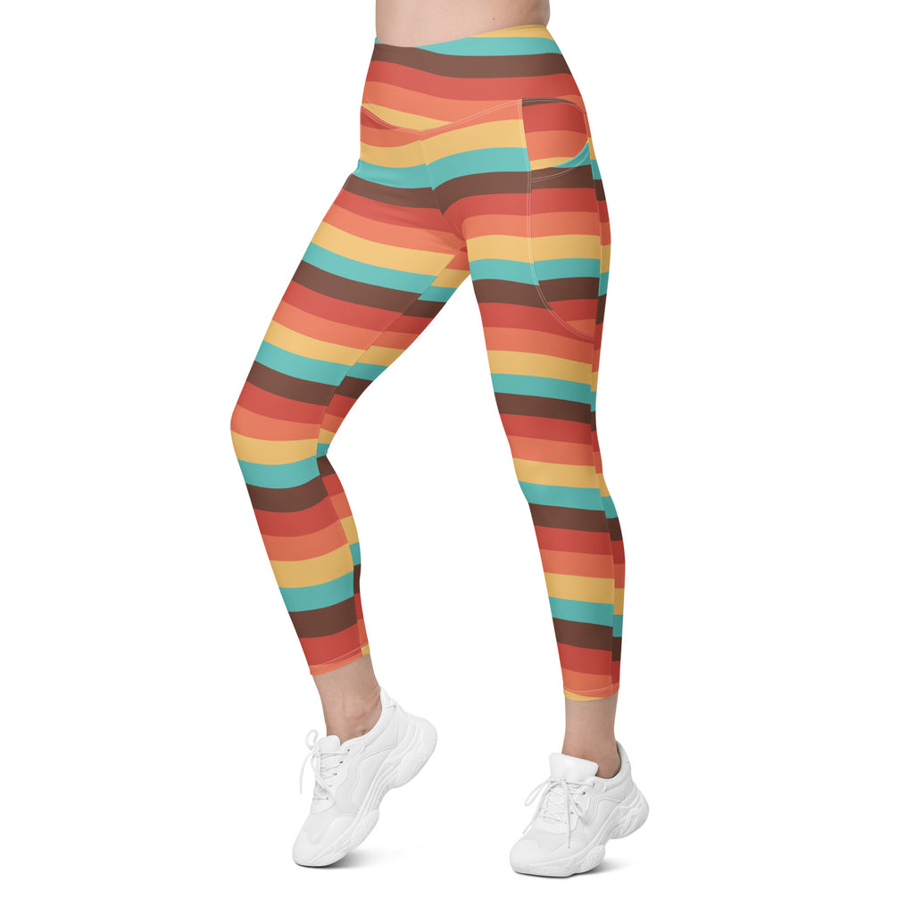Women’s Retro Rainbow Stripe Yoga Leggings With Pockets – High-Waisted, Soft Compression Active Pants