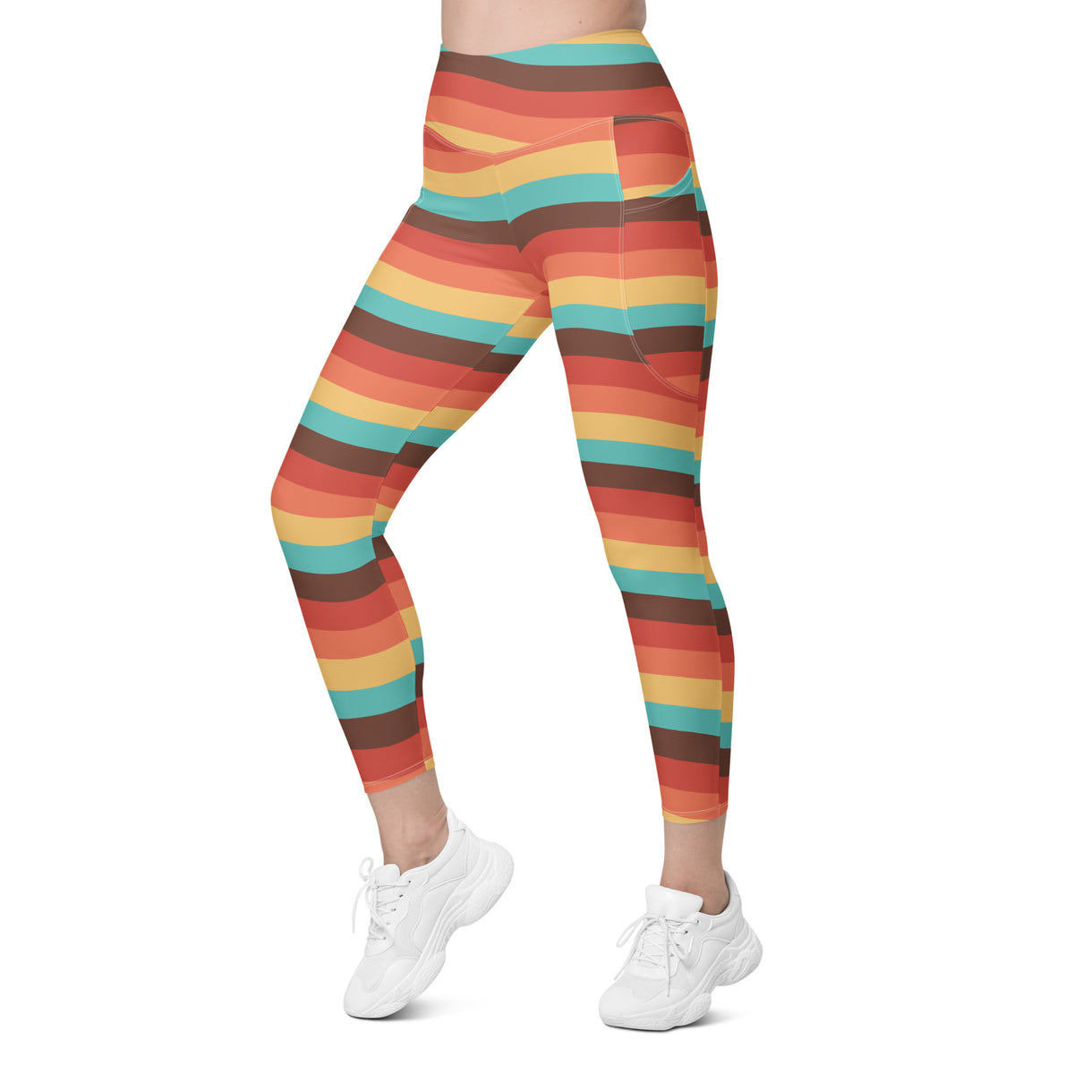 Women’s Retro Rainbow Stripe Yoga Leggings With Pockets – High-Waisted, Soft Compression Active Pants
