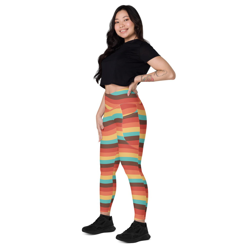 Women’s Retro Rainbow Stripe Yoga Leggings With Pockets – High-Waisted, Soft Compression Active Pants
