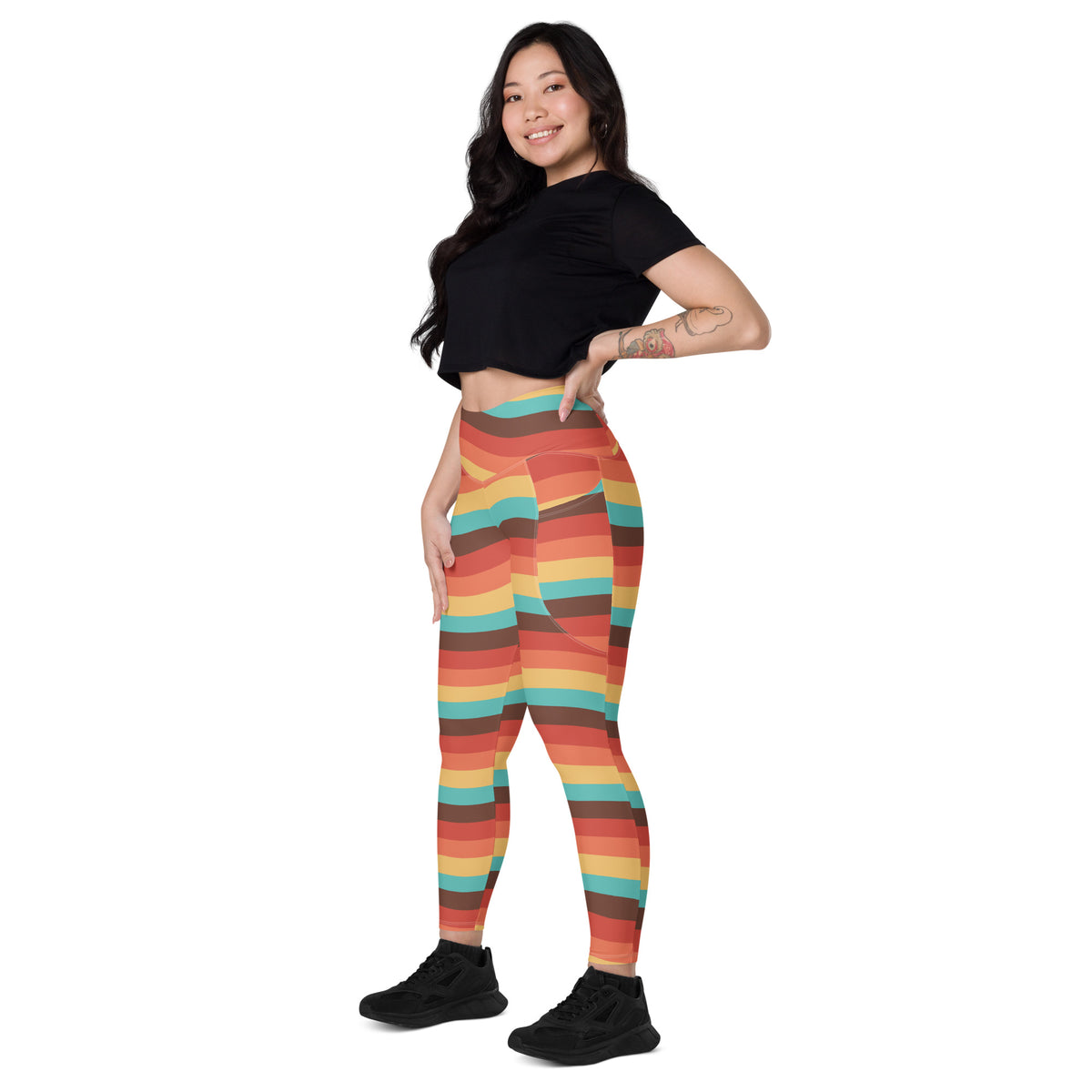 Women’s Retro Rainbow Stripe Yoga Leggings With Pockets – High-Waisted, Soft Compression Active Pants