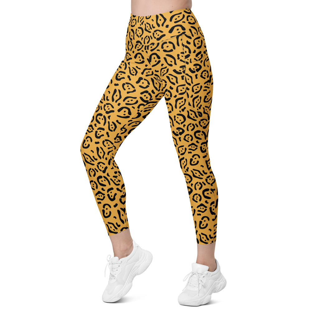 Women’s Mustard Yellow Leopard Print Yoga Leggings With Pockets – High-Waisted, Soft Compression Active Pants