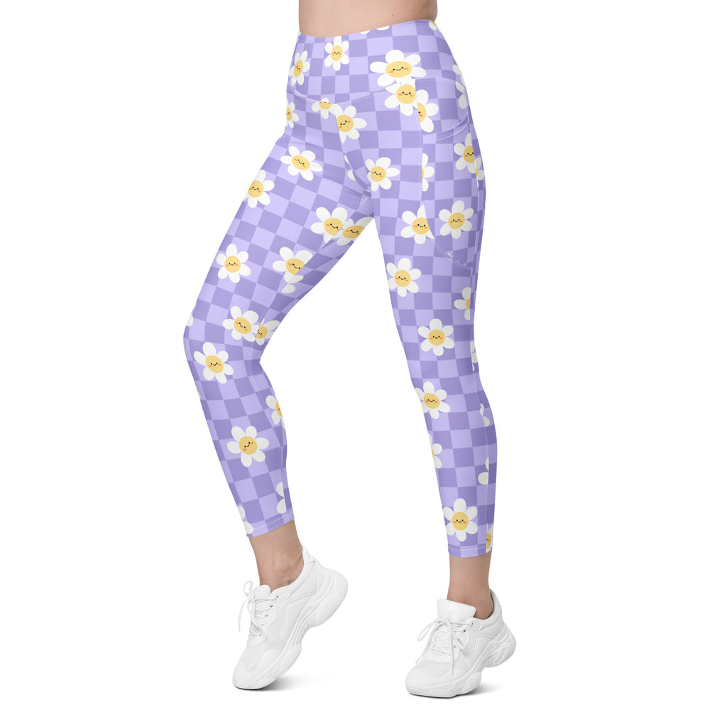 Women’s Purple Daisy Checkered Yoga Leggings With Pockets – High-Waisted, Soft Compression Active Pants