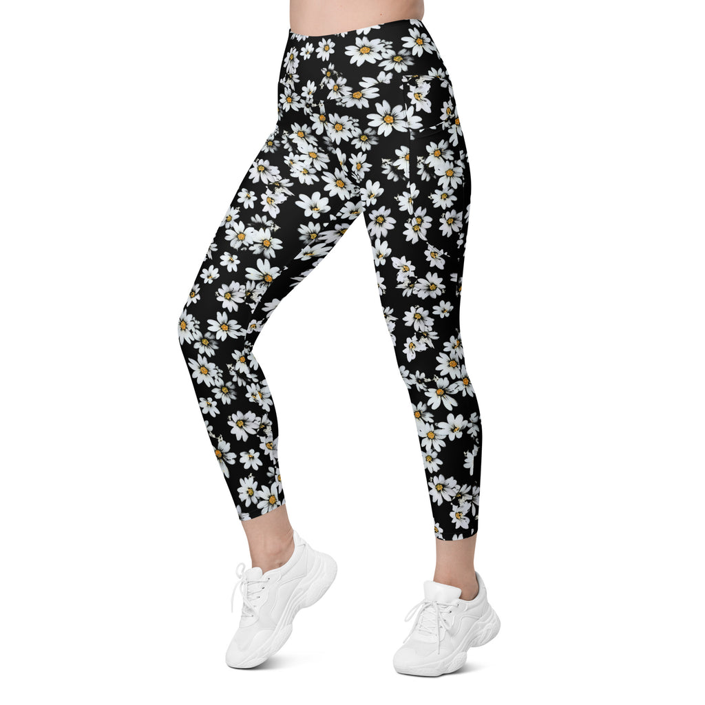Women’s Black Daisy Yoga Leggings With Pockets – High-Waisted, Soft Compression Active Pants