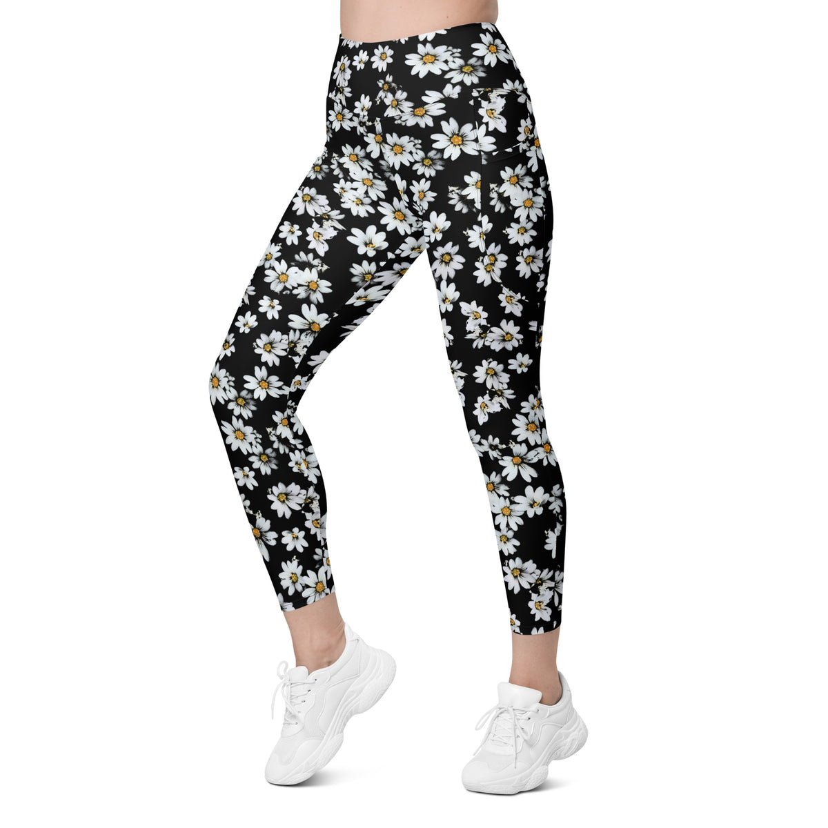 Women’s Black Daisy Yoga Leggings With Pockets – High-Waisted, Soft Compression Active Pants