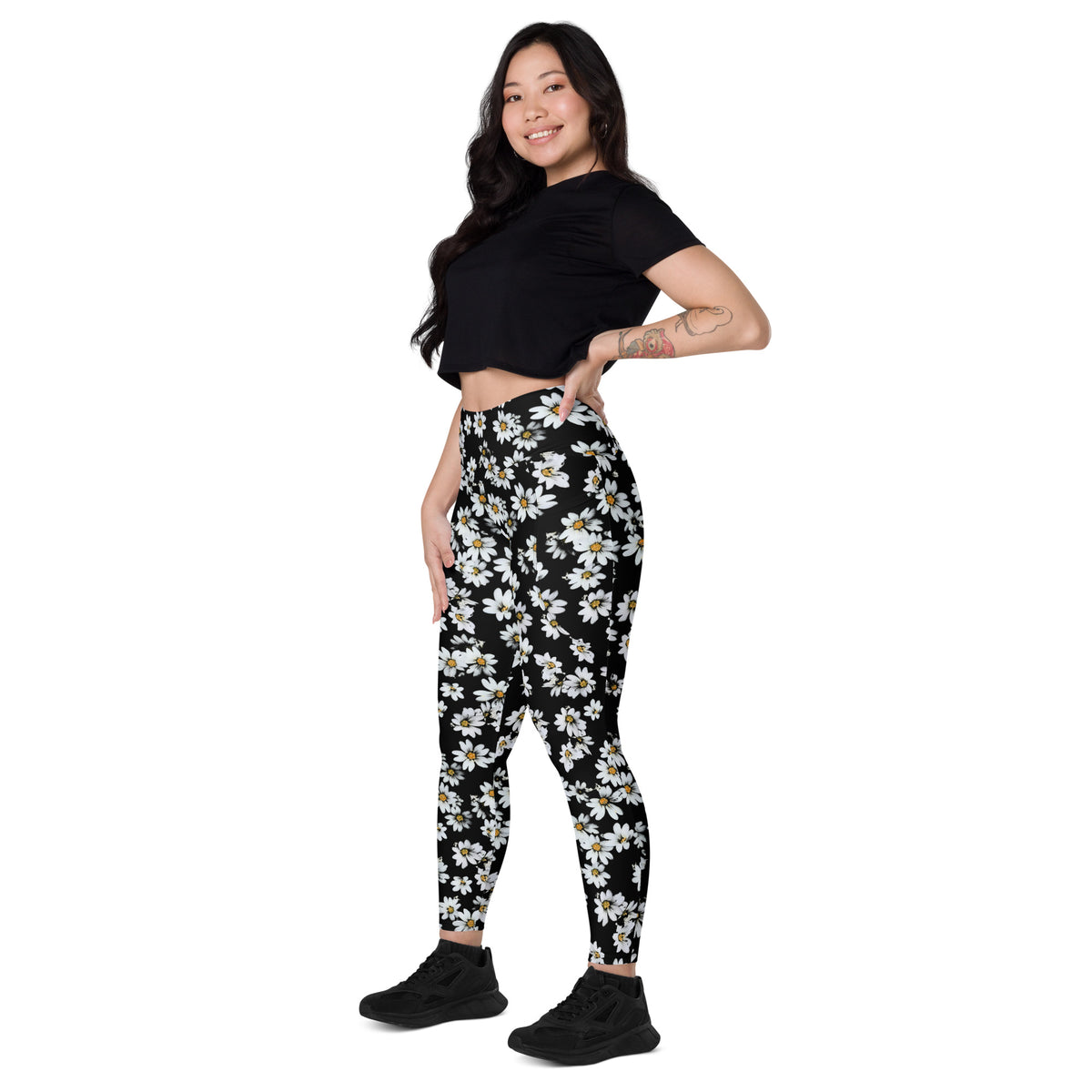 Women’s Black Daisy Yoga Leggings With Pockets – High-Waisted, Soft Compression Active Pants