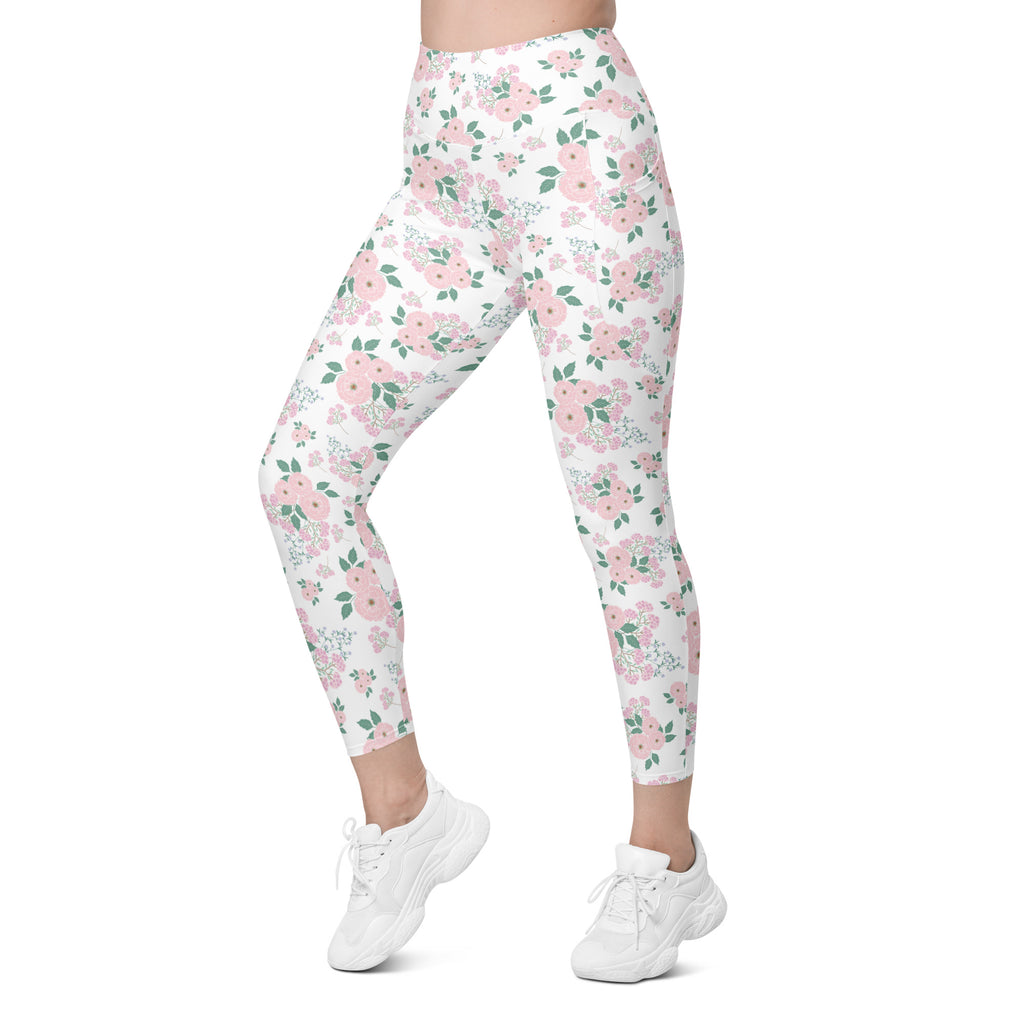 Women’s Pink Flower Yoga Leggings With Pockets – High-Waisted, Soft Compression Active Pants