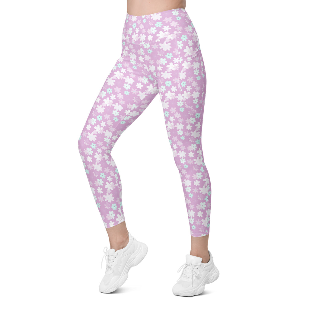 Women’s Pastel Purple Floral Yoga Leggings With Pockets – High-Waisted, Soft Compression Active Pants