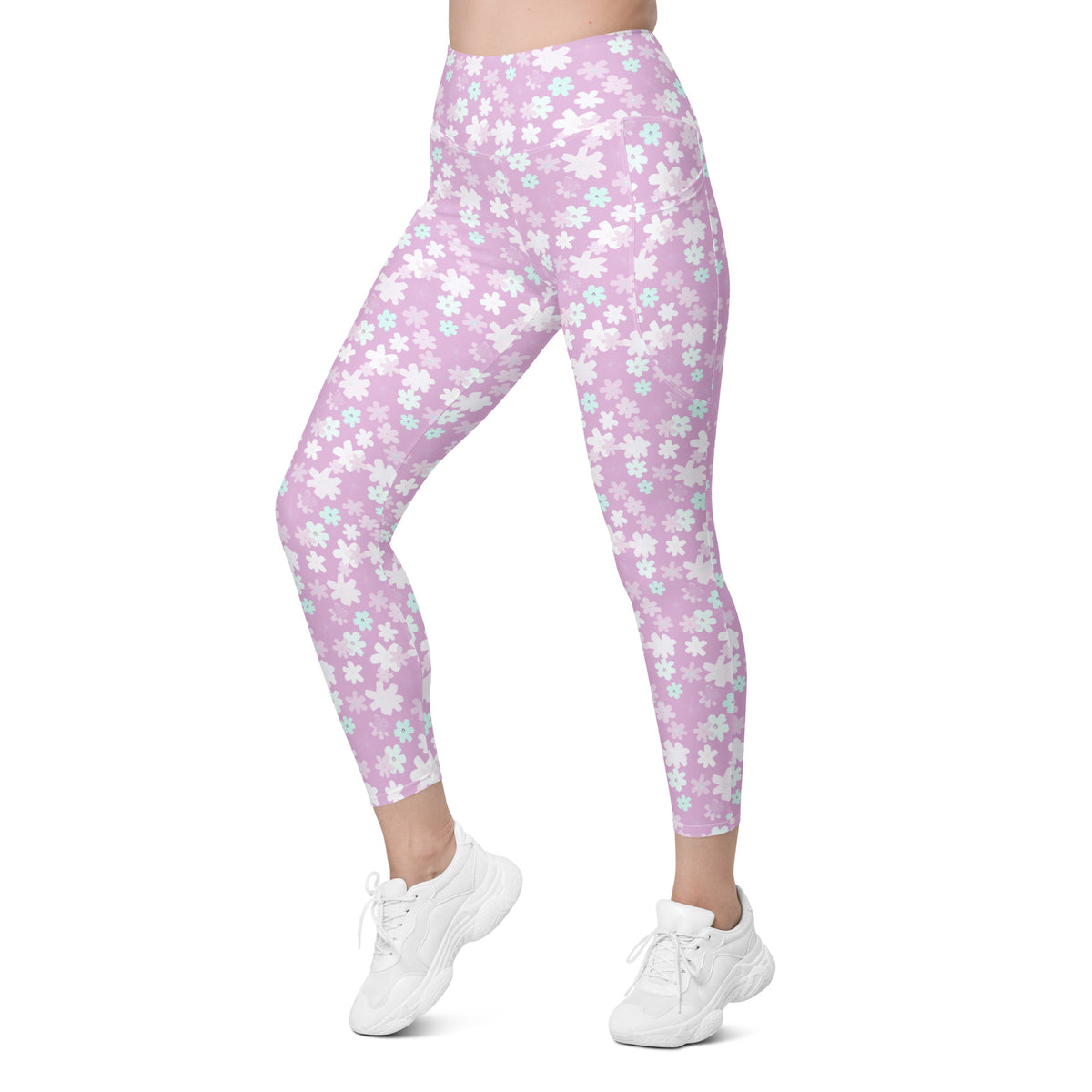 Women’s Pastel Purple Floral Yoga Leggings With Pockets – High-Waisted, Soft Compression Active Pants