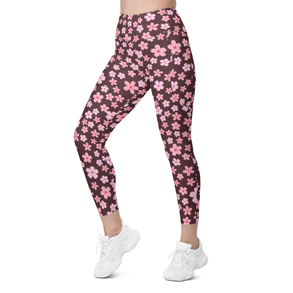 Women’s Pink Cherry Blossom Yoga Leggings With Pockets – High-Waisted, Soft Compression Active Pants
