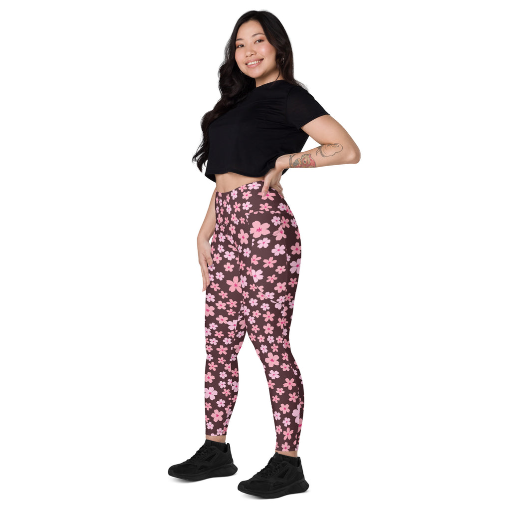 Women’s Pink Cherry Blossom Yoga Leggings With Pockets – High-Waisted, Soft Compression Active Pants
