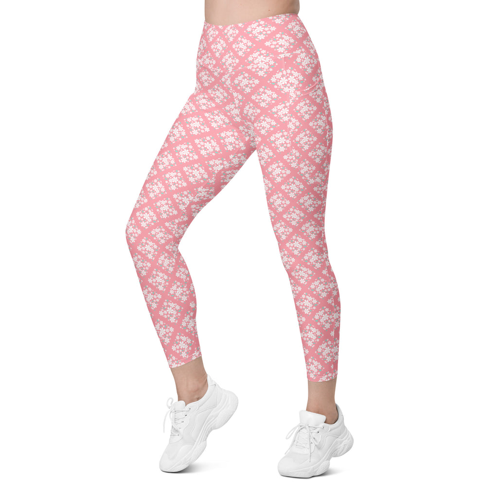 Women’s Pink Flower Yoga Leggings With Pockets – High-Waisted, Soft Compression Active Pants