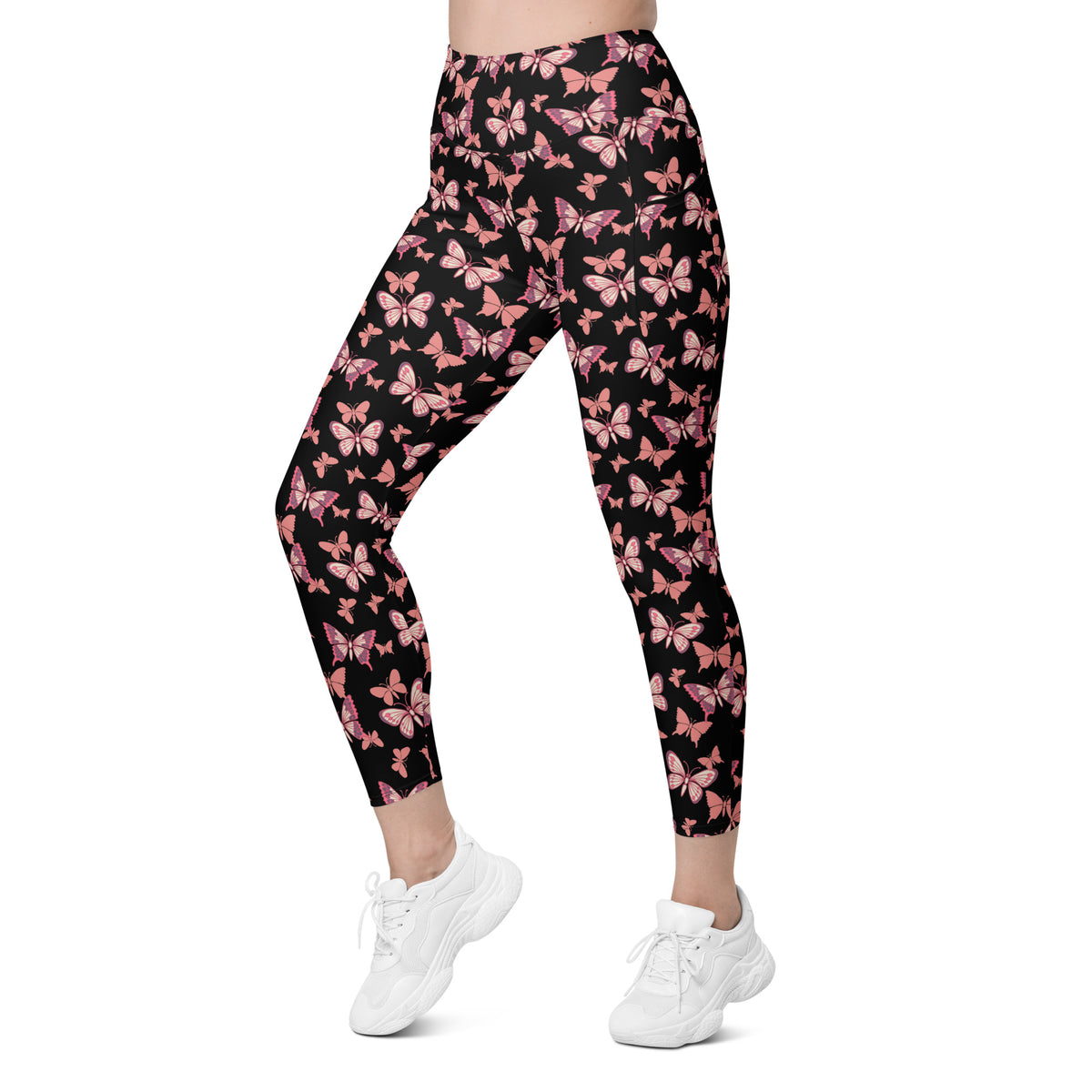 Women’s Vibrant Pink Butterfly Yoga Leggings With Pockets – High-Waisted, Soft Compression Active Pants