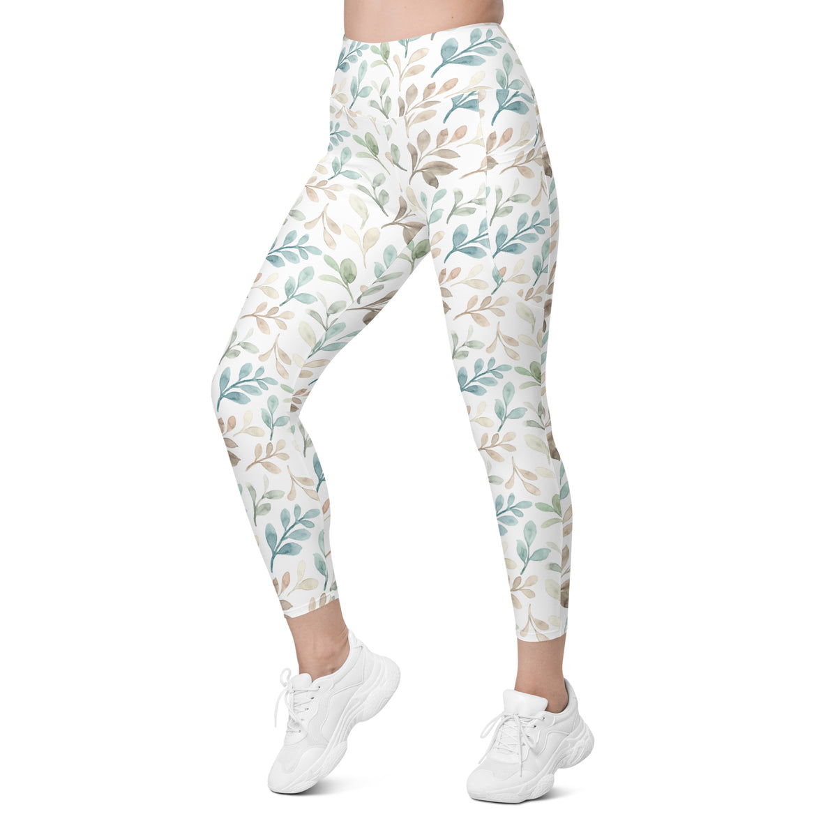 Women’s Watercolor Leaf Yoga Leggings With Pockets – High-Waisted, Soft Compression Active Pants