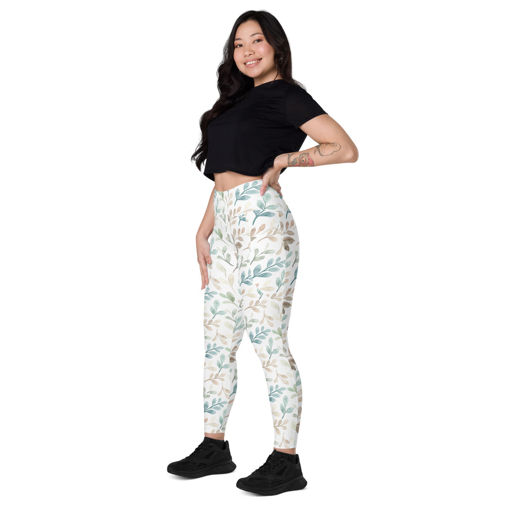 Women’s Watercolor Leaf Yoga Leggings With Pockets – High-Waisted, Soft Compression Active Pants