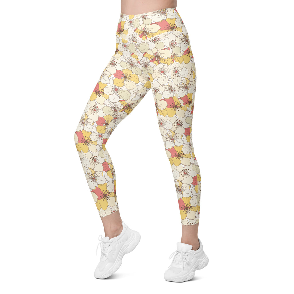 Women’s Yellow Floral Yoga Leggings With Pockets – High-Waisted, Soft Compression Active Pants