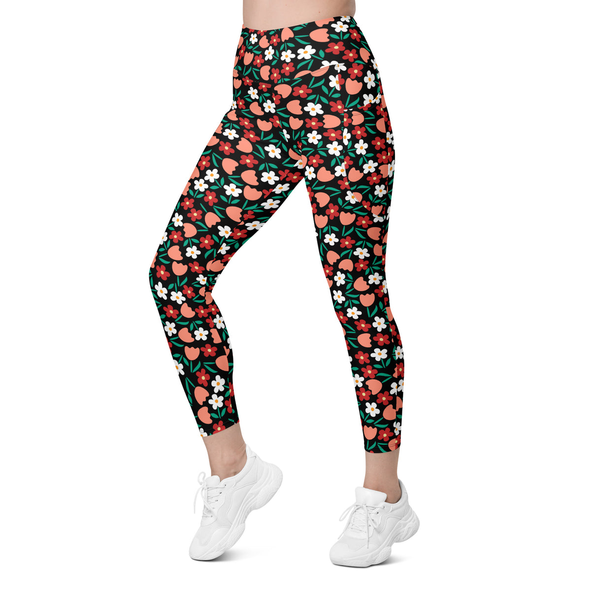 Women’s Black Floral Yoga Leggings With Pockets – High-Waisted, Soft Compression Active Pants