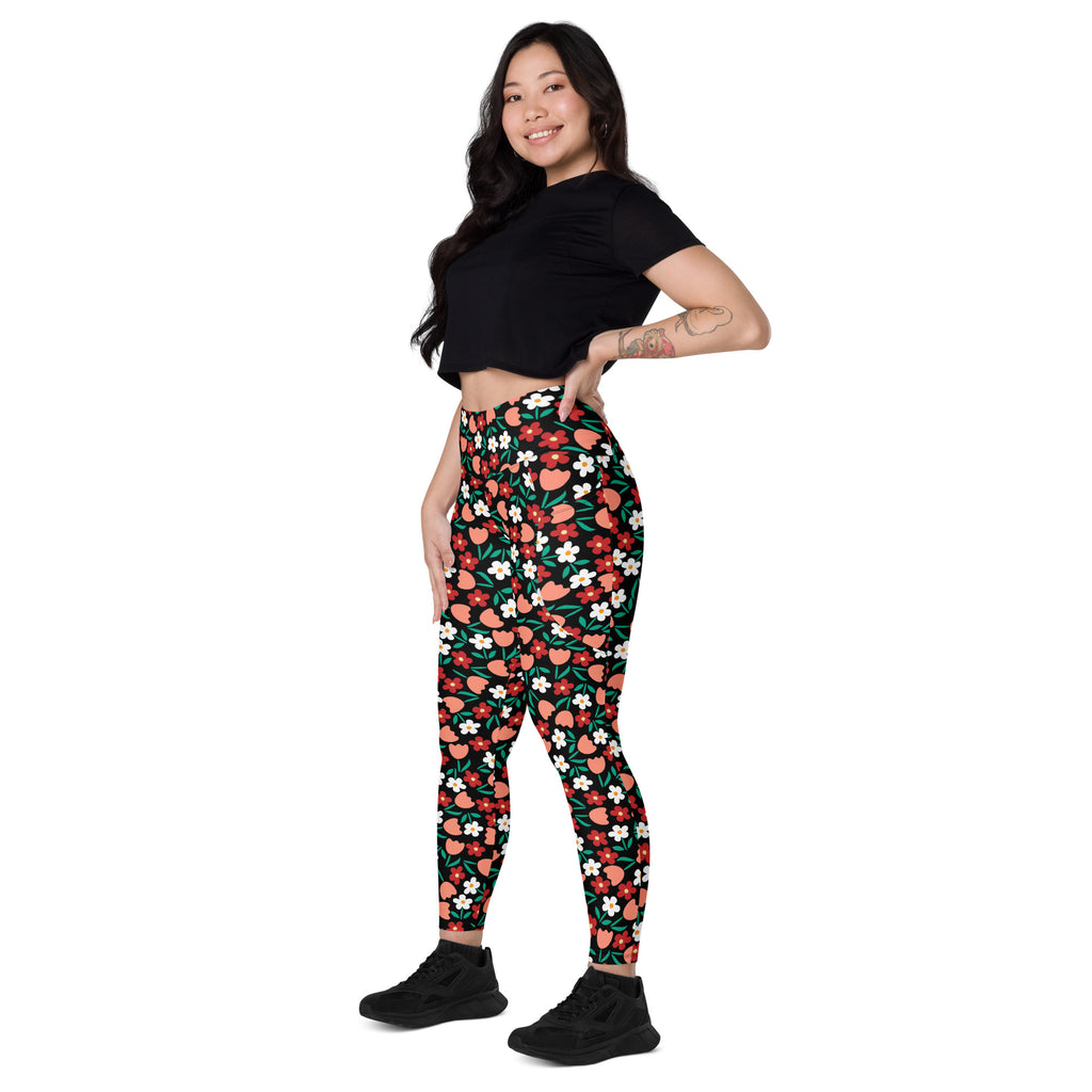 Women’s Black Floral Yoga Leggings With Pockets – High-Waisted, Soft Compression Active Pants