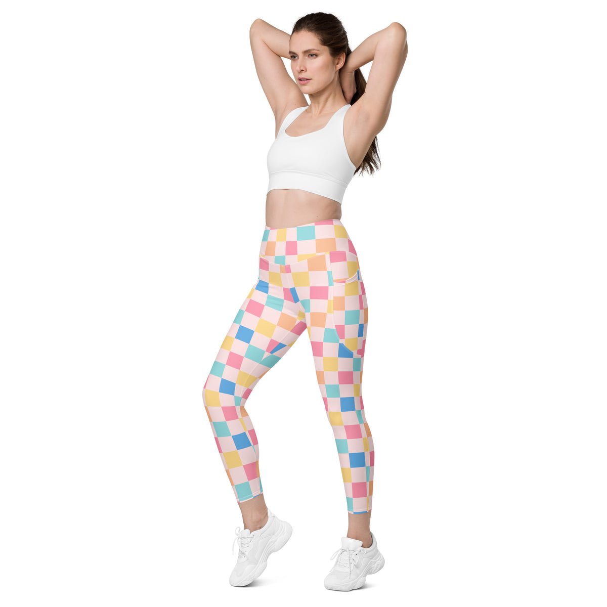 Women’s Colorful Pastel Checkered Yoga Leggings With Pockets – High-Waisted, Soft Compression Active Pants