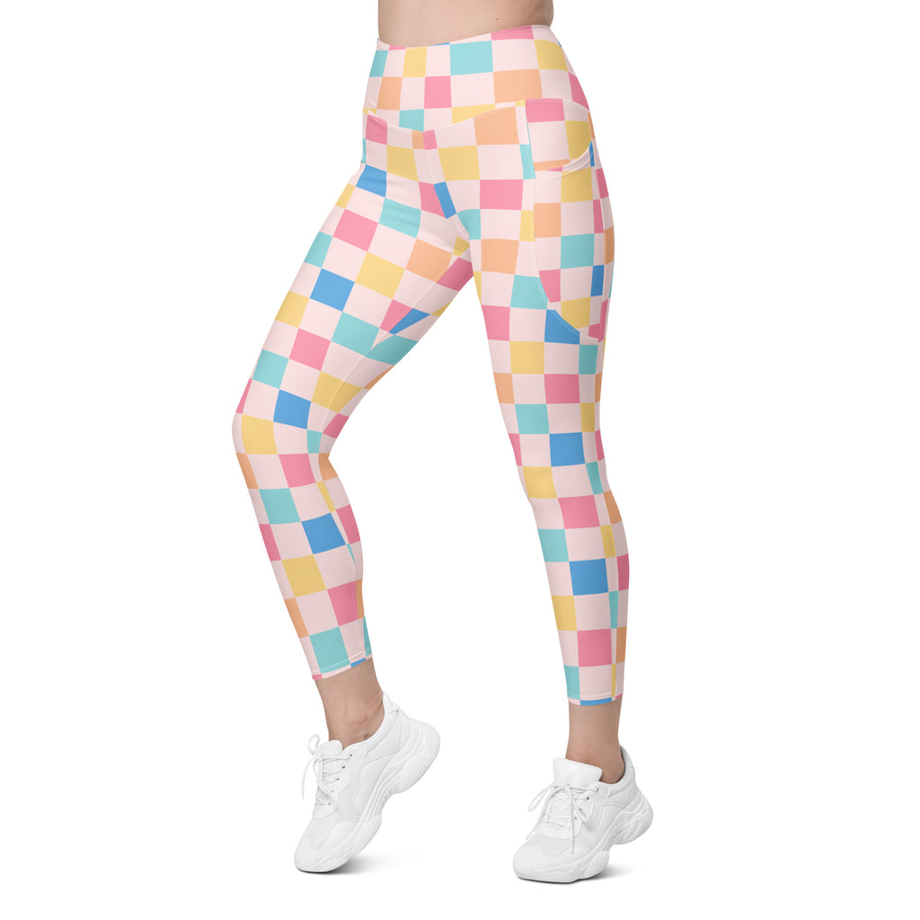 Women’s Colorful Pastel Checkered Yoga Leggings With Pockets – High-Waisted, Soft Compression Active Pants