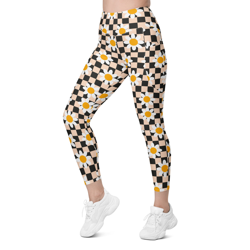 Women’s Daisy Checkered Yoga Leggings With Pockets – High-Waisted, Soft Compression Active Pants